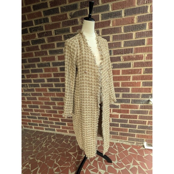 NWT*House of Harlow Tweed Gold Shimmer Open Coat w/ Fringe Houndstooth-Sz Small - Picture 1 of 9